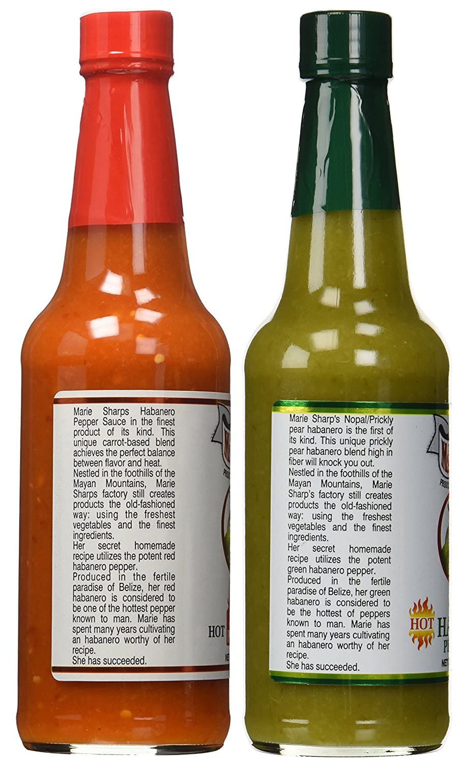 Marie Sharp's close-up pouring green sauce highlighting smooth texture and easy drizzle benefit