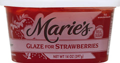 Marie's strawberry glaze front packaging showing glossy jar and serving suggestion