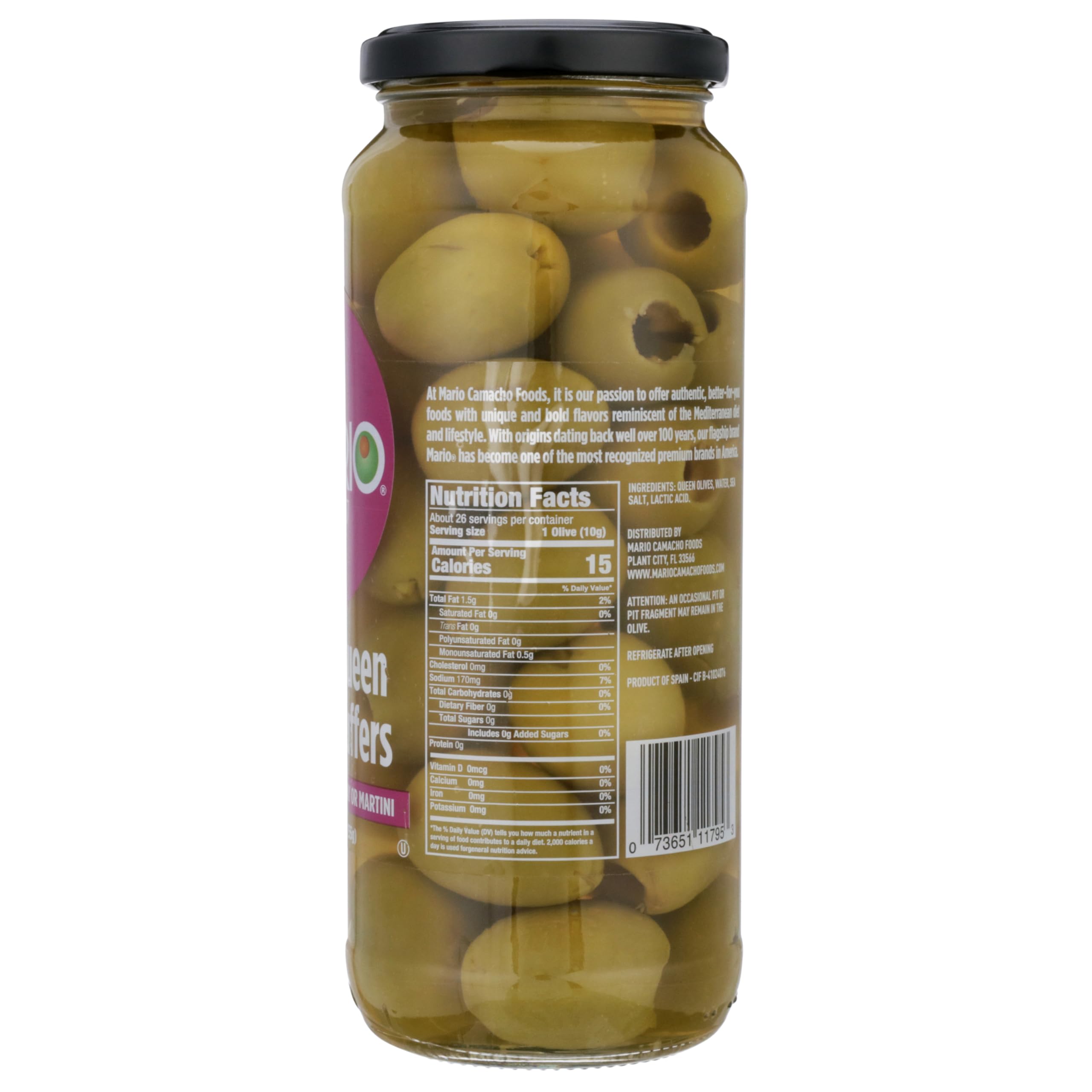 Mario Camacho Foods olive next to spoon showing large size and convenience