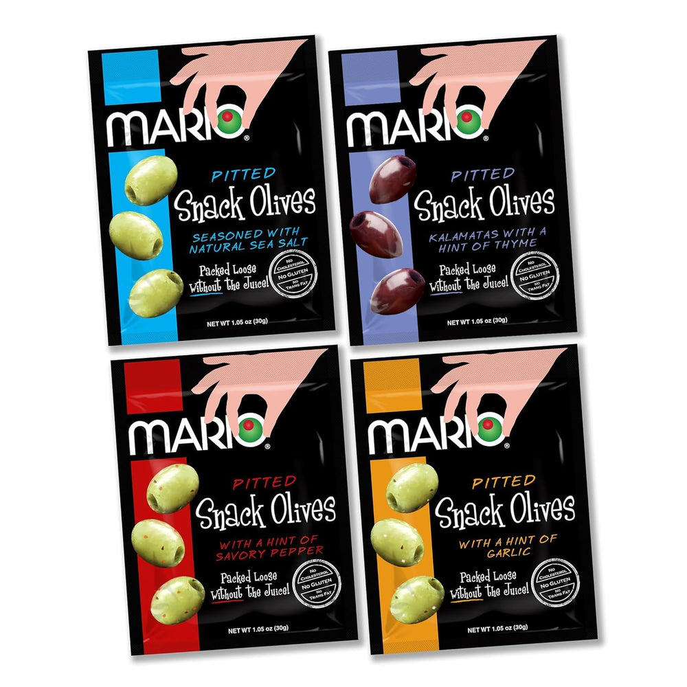 Mario front packaging showing variety pack and flavors for quick identification and storage