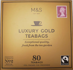 Marks & Spencer Luxury Gold front-packaging showing 80 tea bags and vacuum-seal benefit