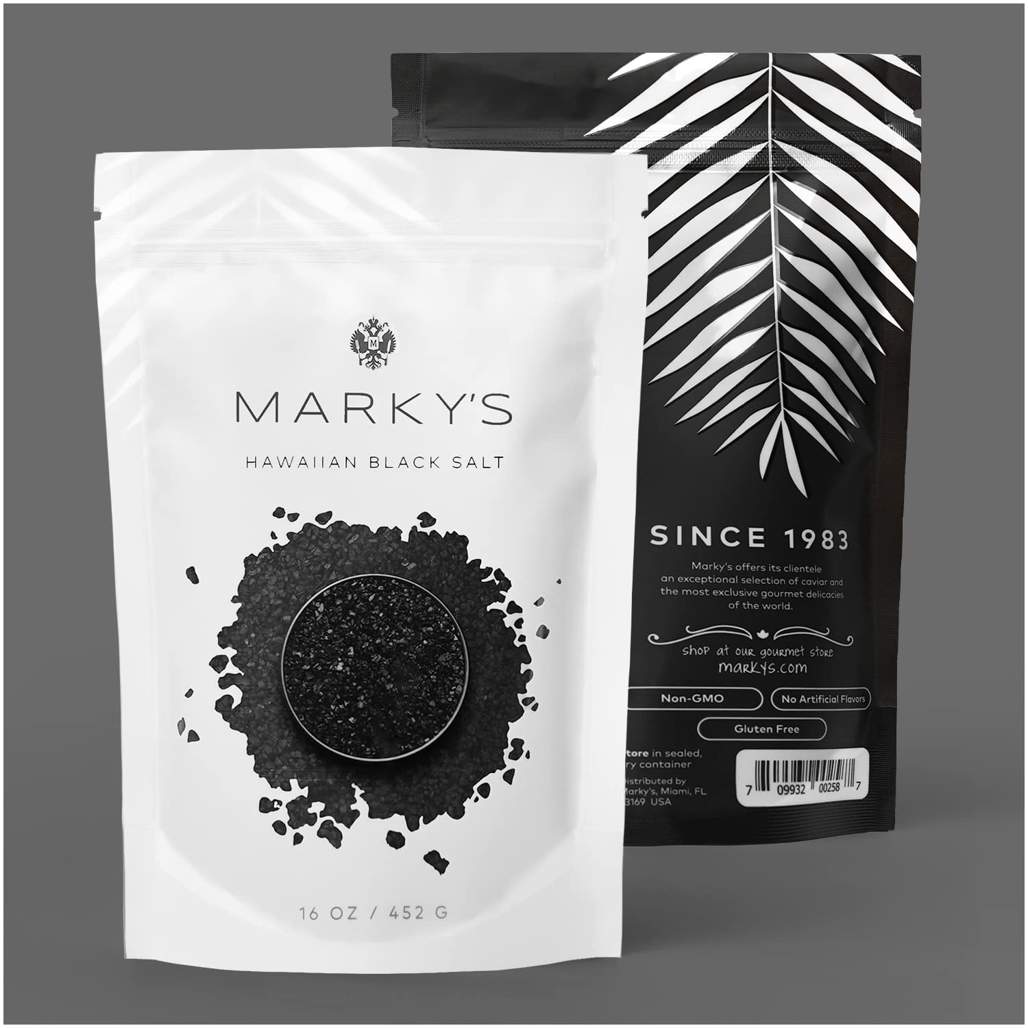 MARKY'S front-package view showing coarse black lava salt and resealable bag for freshness