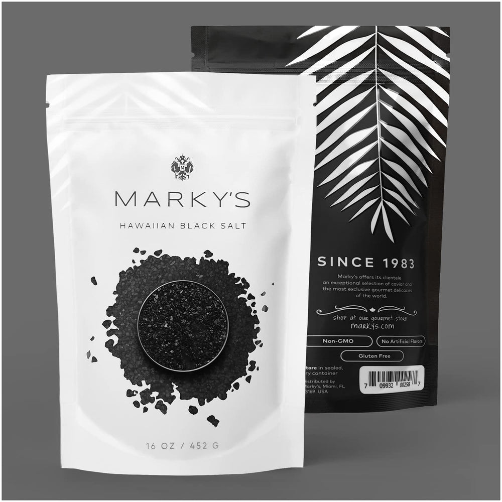 MARKY'S front-package view showing coarse black lava salt and resealable bag for freshness