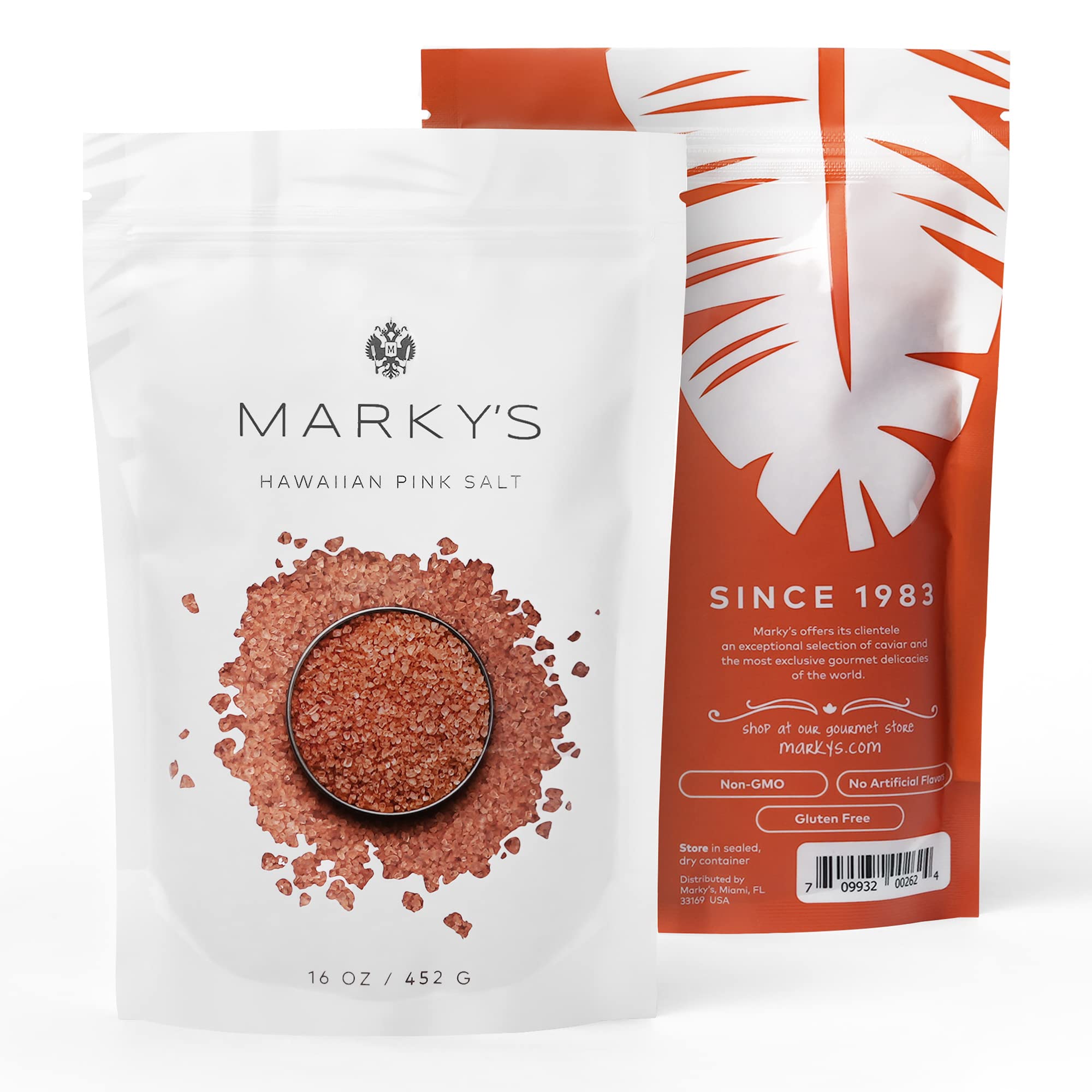 MARKY'S front packaging showing 1 lb resealable bag and natural pink salt benefit visual appeal