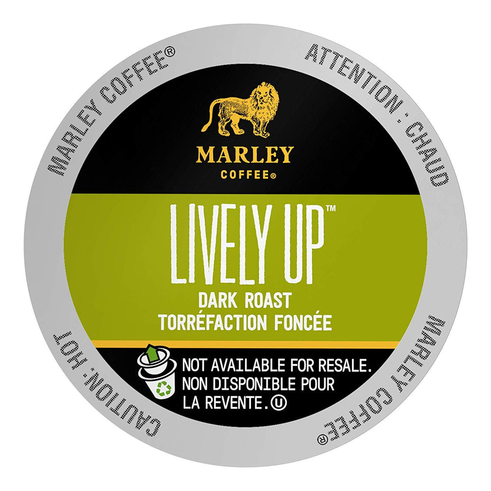 Marley Coffee front box showing 96-count RealCup convenience and organic branding