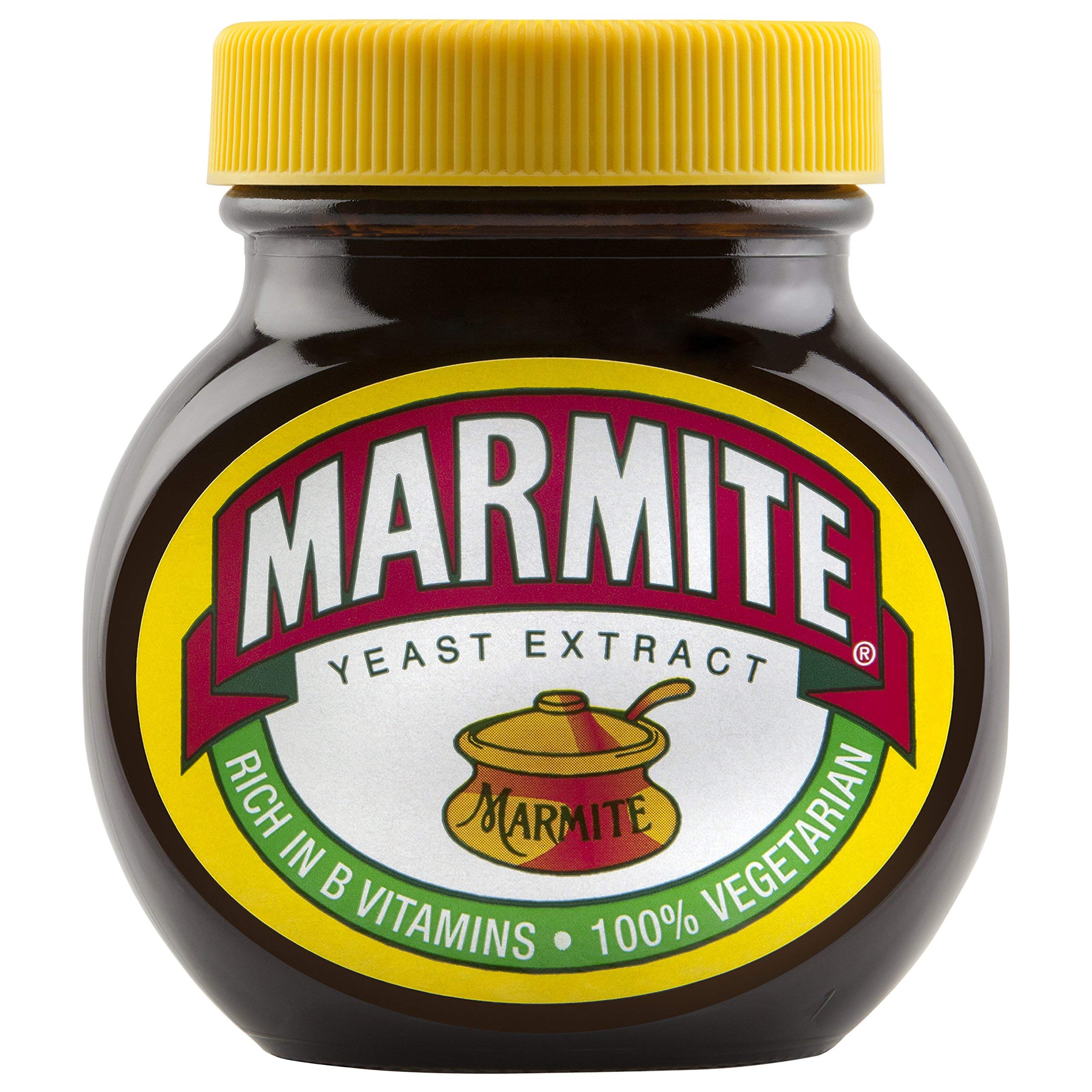 Marmite jar front label showing brand and clear serving suggestion benefit
