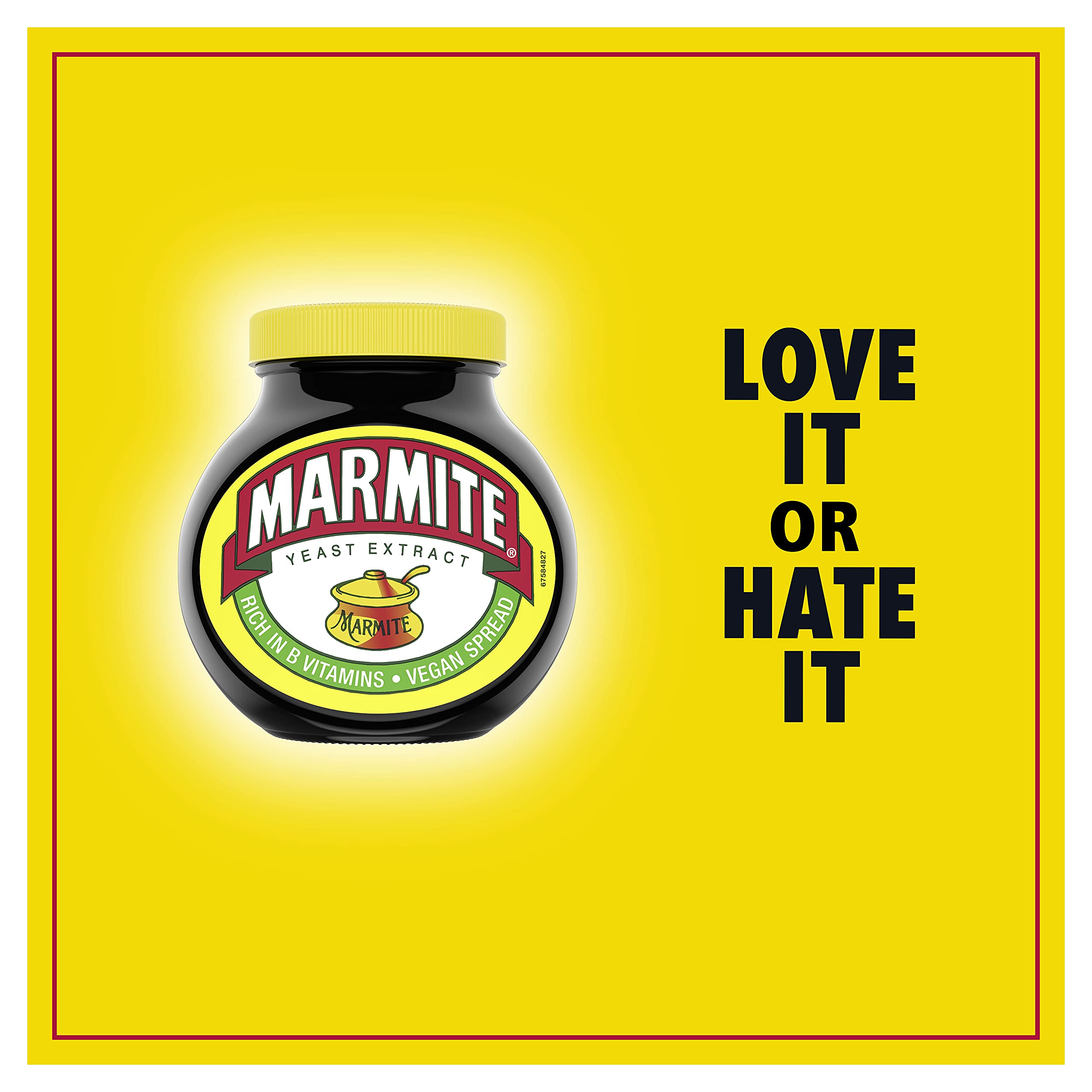 Open Marmite jar spreading on toast, Marmite enriching breakfast flavour