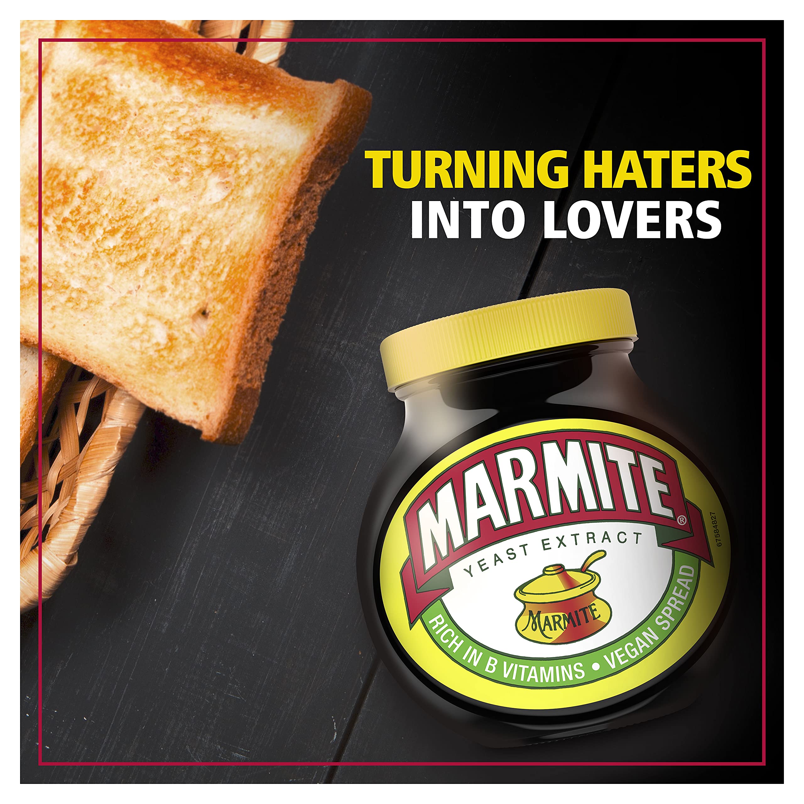 Hand holding Marmite jar to show scale, Marmite jar size comparison