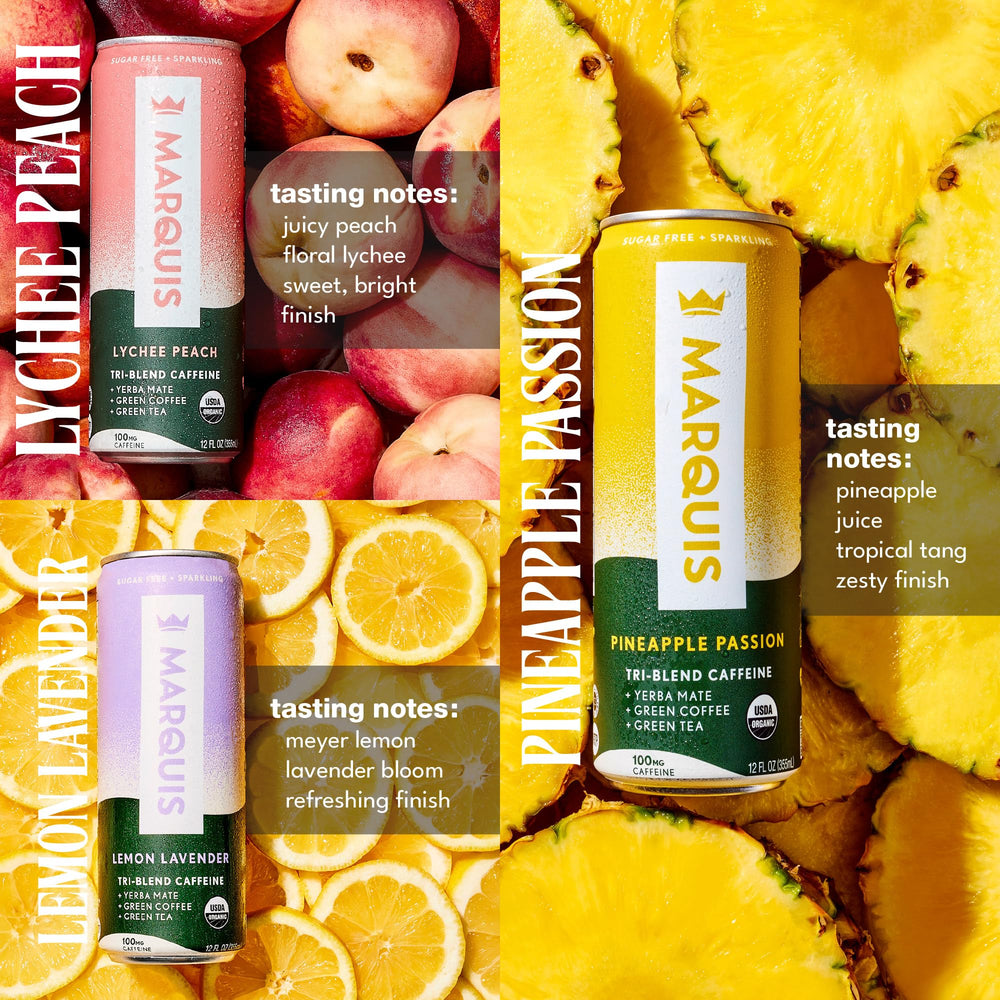 MARQUIS ORGANIC ENERGY close-up of can label highlighting organic ingredients benefit