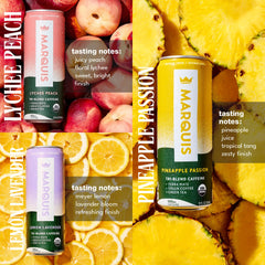 MARQUIS ORGANIC ENERGY close-up of can label highlighting organic ingredients benefit