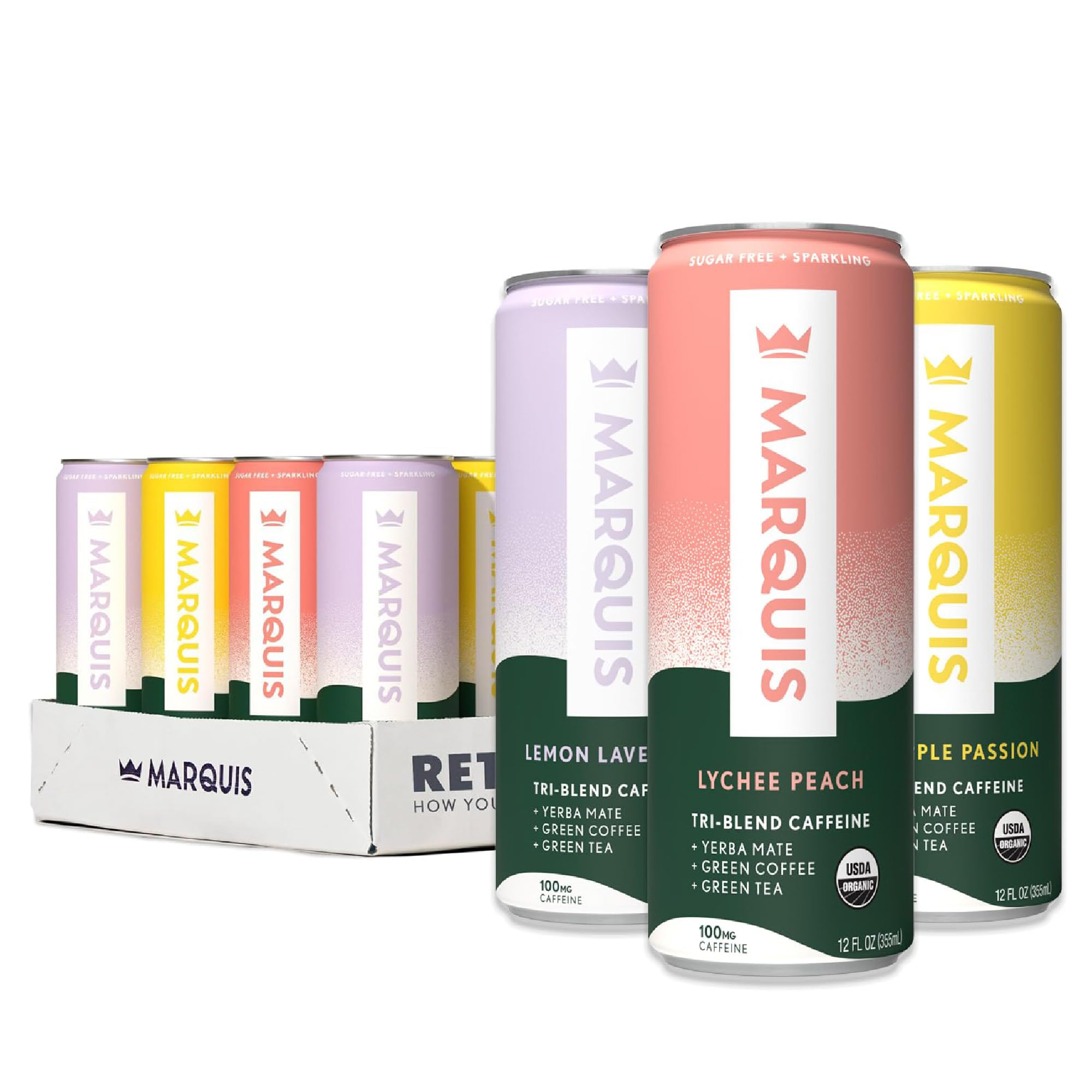 MARQUIS ORGANIC ENERGY front packaging showing 12-pack convenience and variety