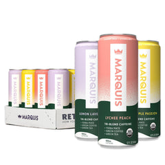 MARQUIS ORGANIC ENERGY front packaging showing 12-pack convenience and variety