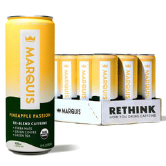 Marquis Organic Energy can front view showing pineapple passion flavor and clean label benefit