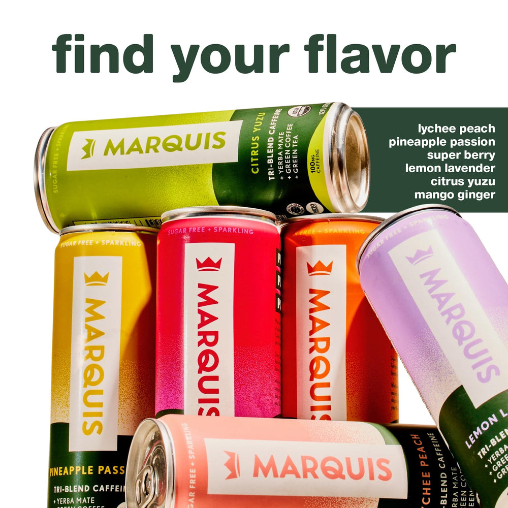 Lifestyle shot of Marquis Organic Energy on a beach showing tropical refreshment