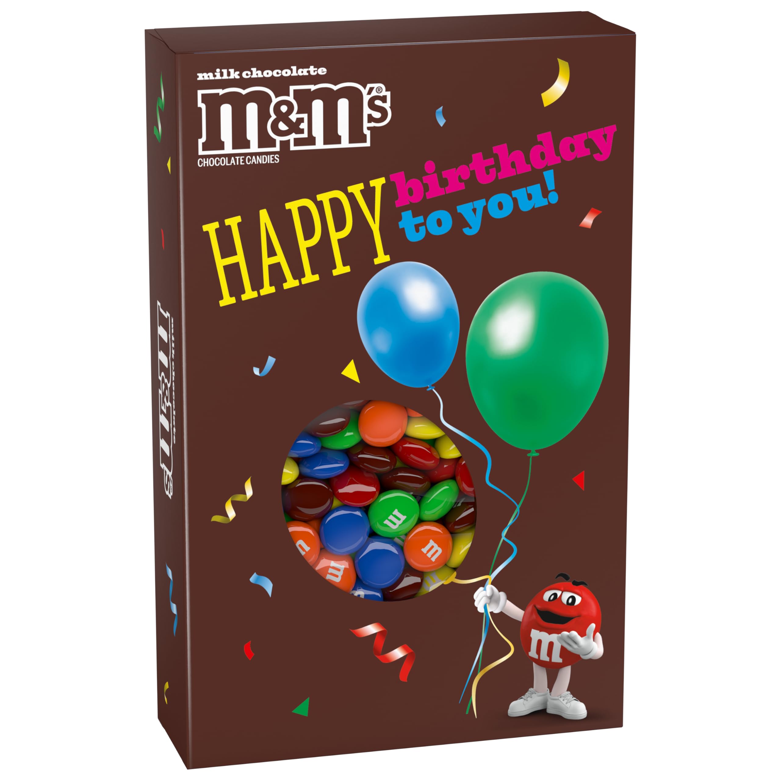 M&M'S front-view birthday box showing colorful balloon design and gift-ready look