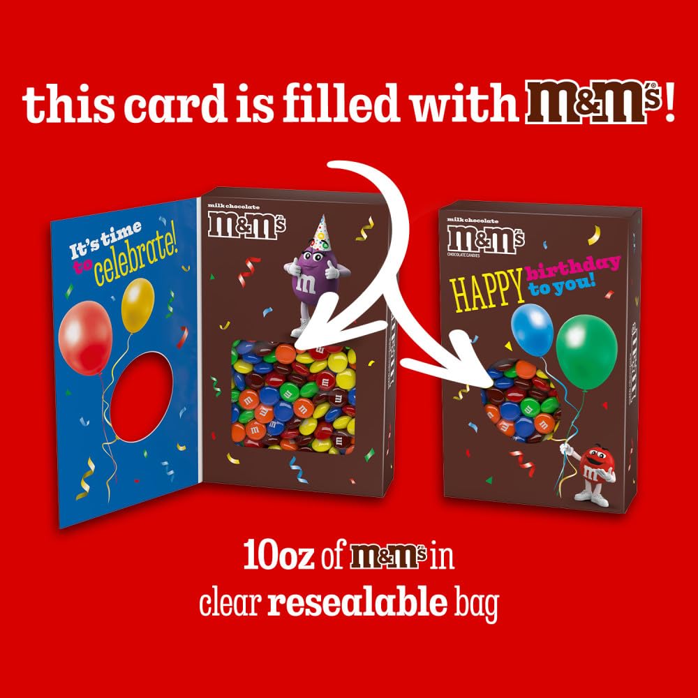 M&M'S gift box opened to reveal integrated birthday card and candy inside