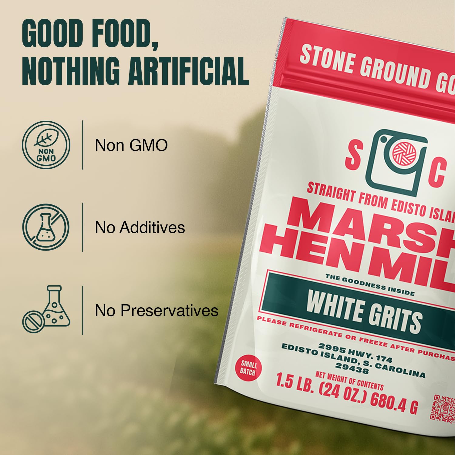 Marsh Hen Mill 24 oz bag beside measuring cup indicating portion and package scale