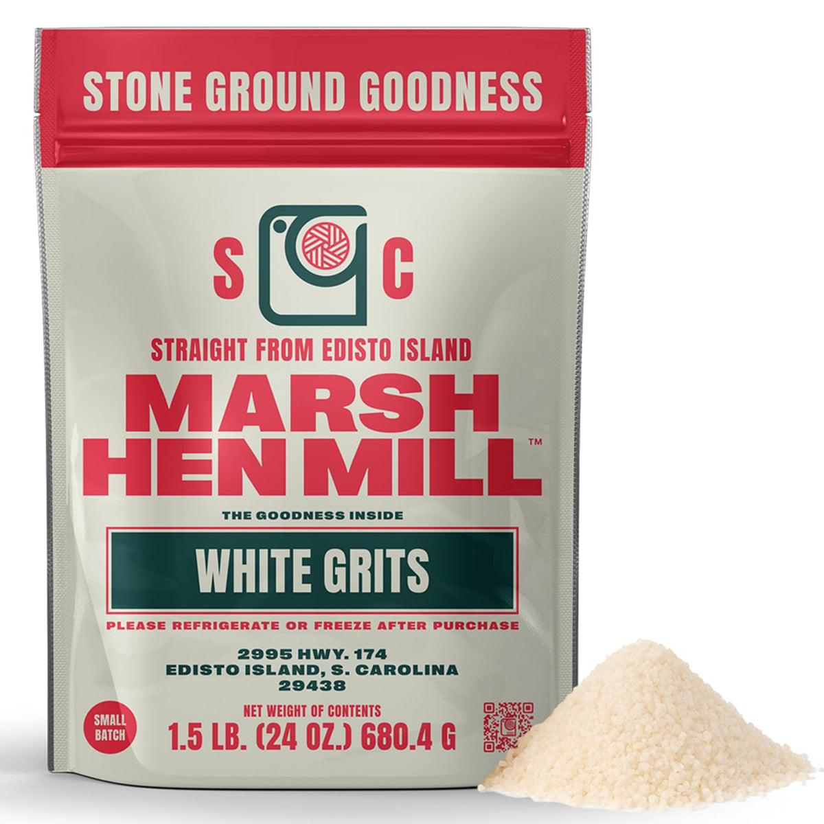 Marsh Hen Mill front packaging shows 24 oz white grits and clear branding for pantry appeal