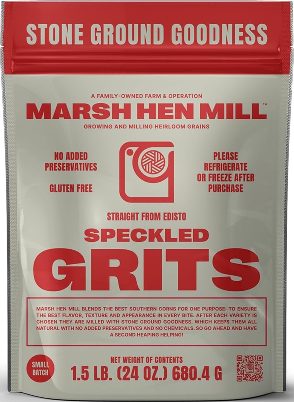 Marsh Hen Mill front packaging showing 24 oz bag and heirloom branding, highlights authenticity