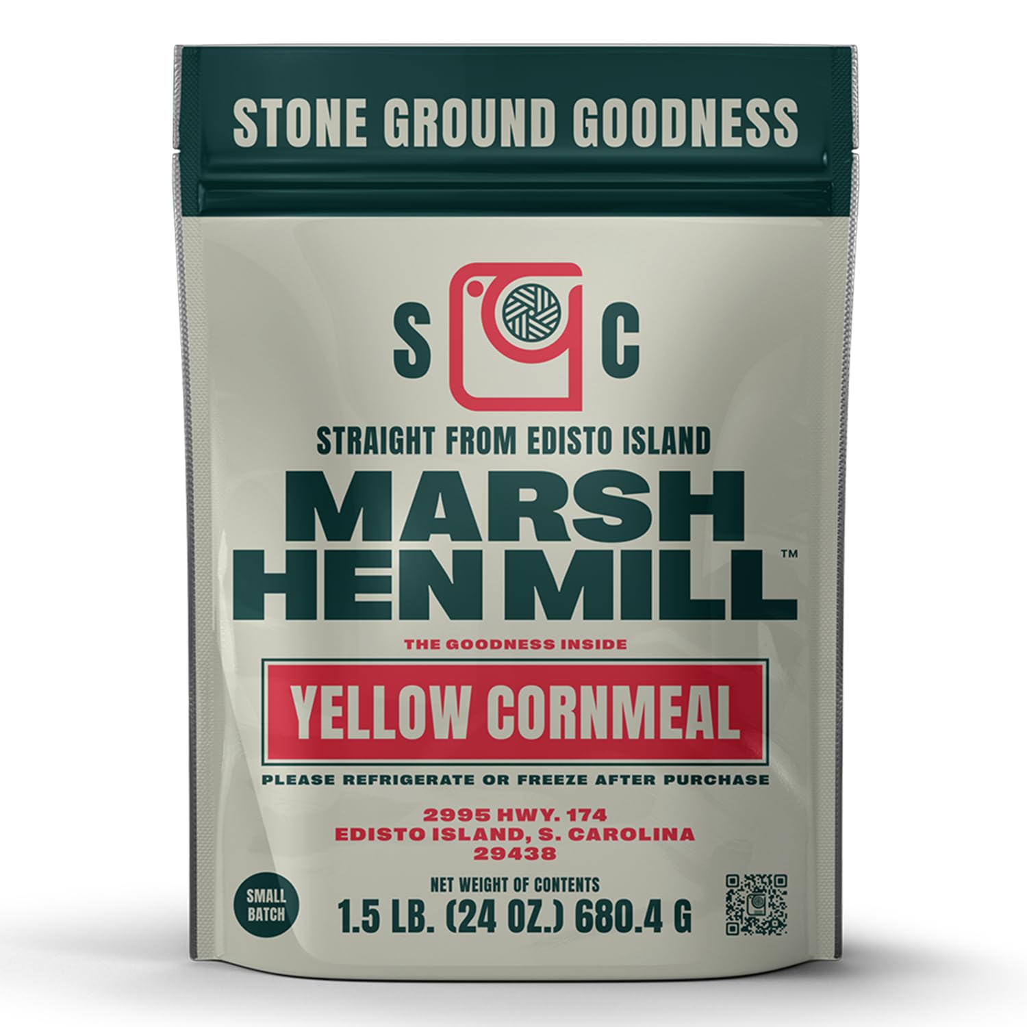 Marsh Hen Mill front packaging showing 24 oz bag and farming heritage benefit
