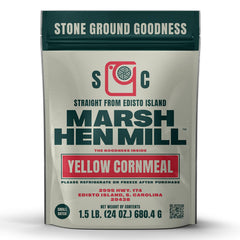 Marsh Hen Mill front packaging showing 24 oz bag and farming heritage benefit