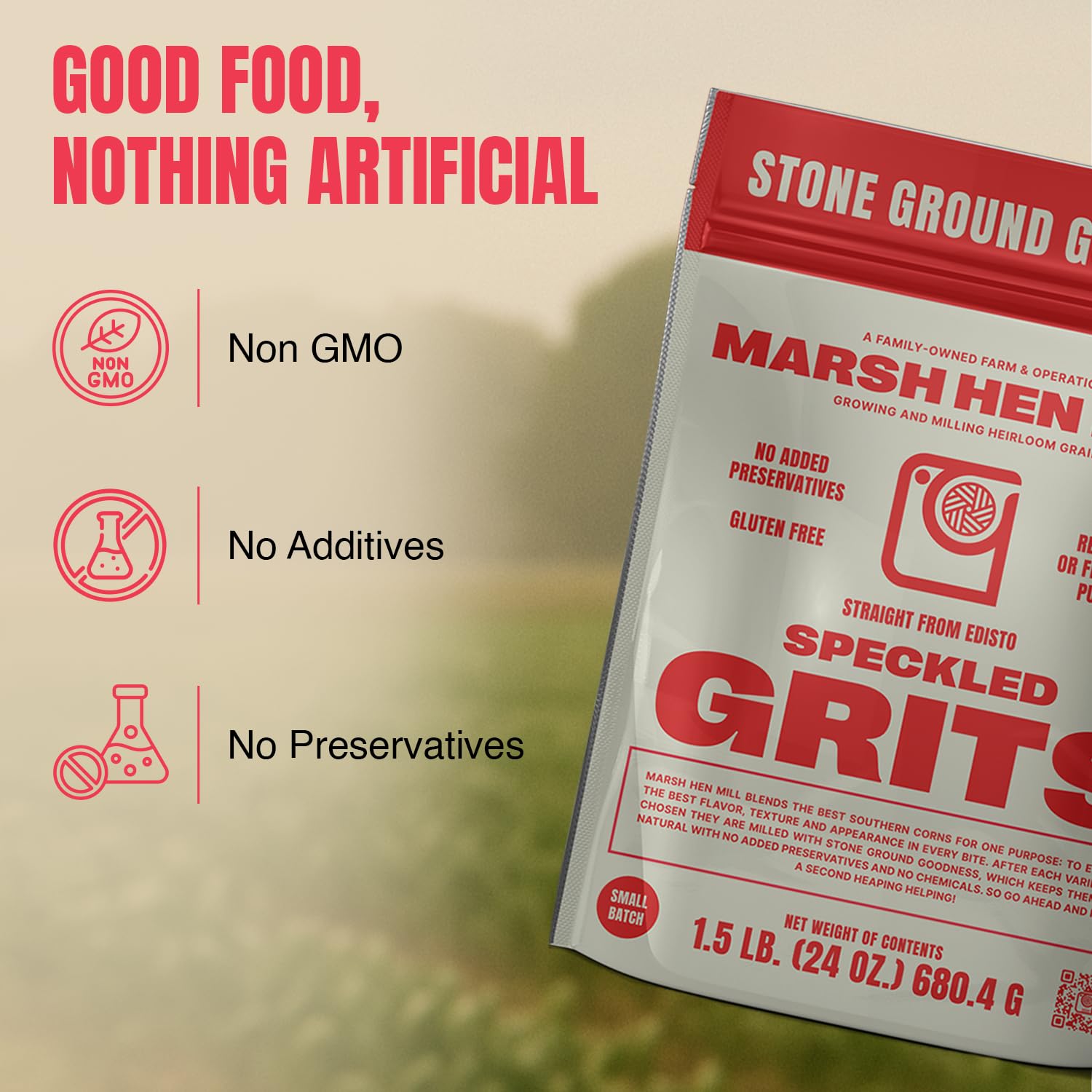Close-up of Marsh Hen Mill label and stone-mill mention, communicates small-batch heritage