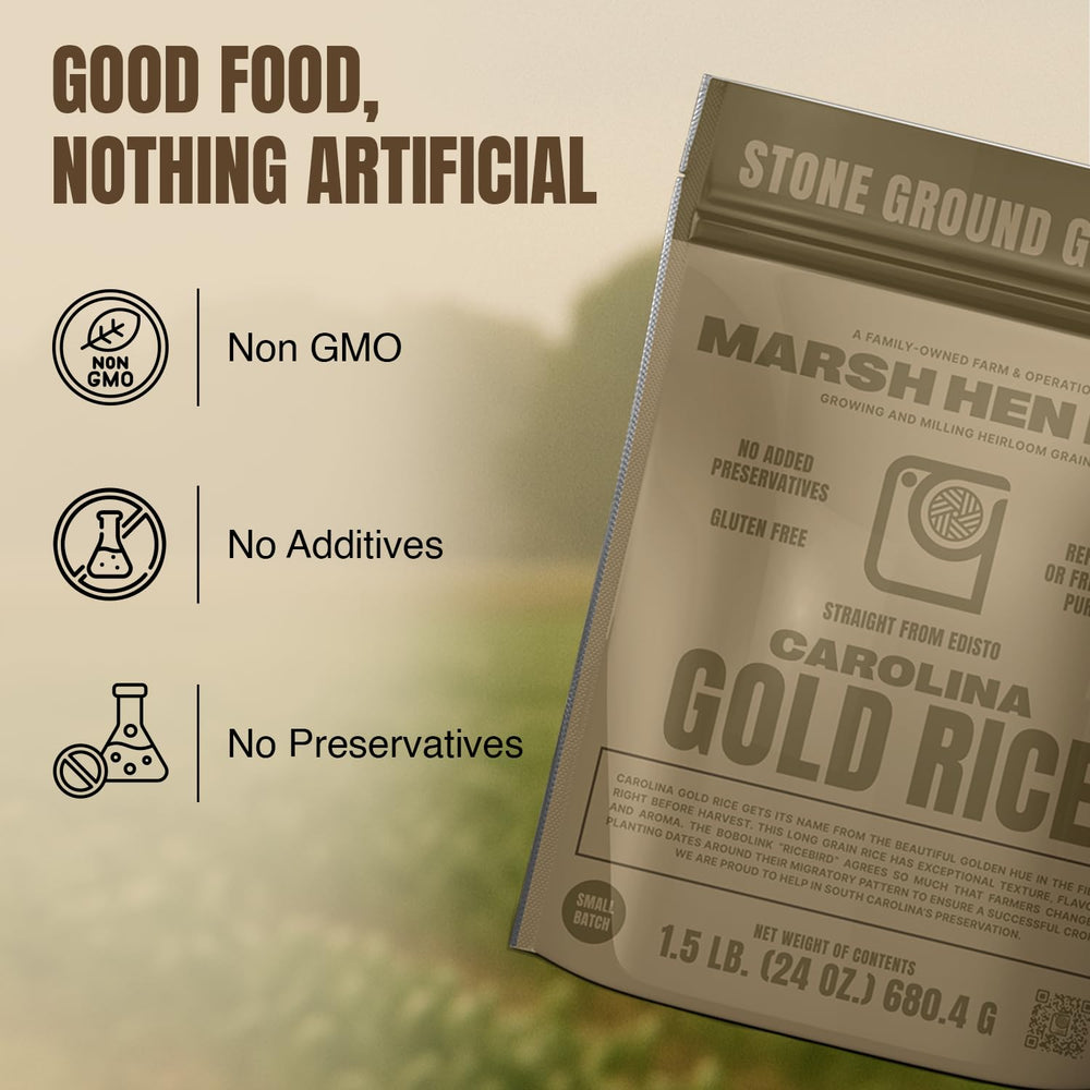 Marsh Hen Mill packaging labels and nutrition panel showing ingredient transparency and benefits