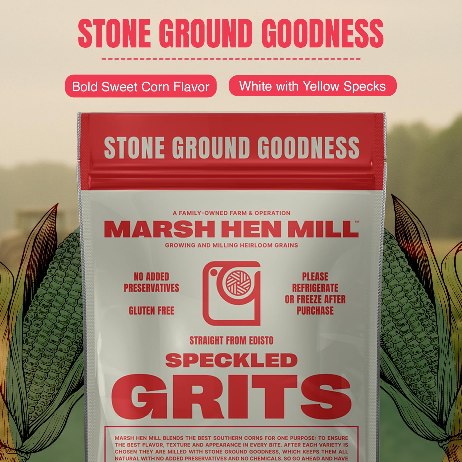 Pouring Marsh Hen Mill speckled grits into a pot, illustrates ease of cooking and portioning