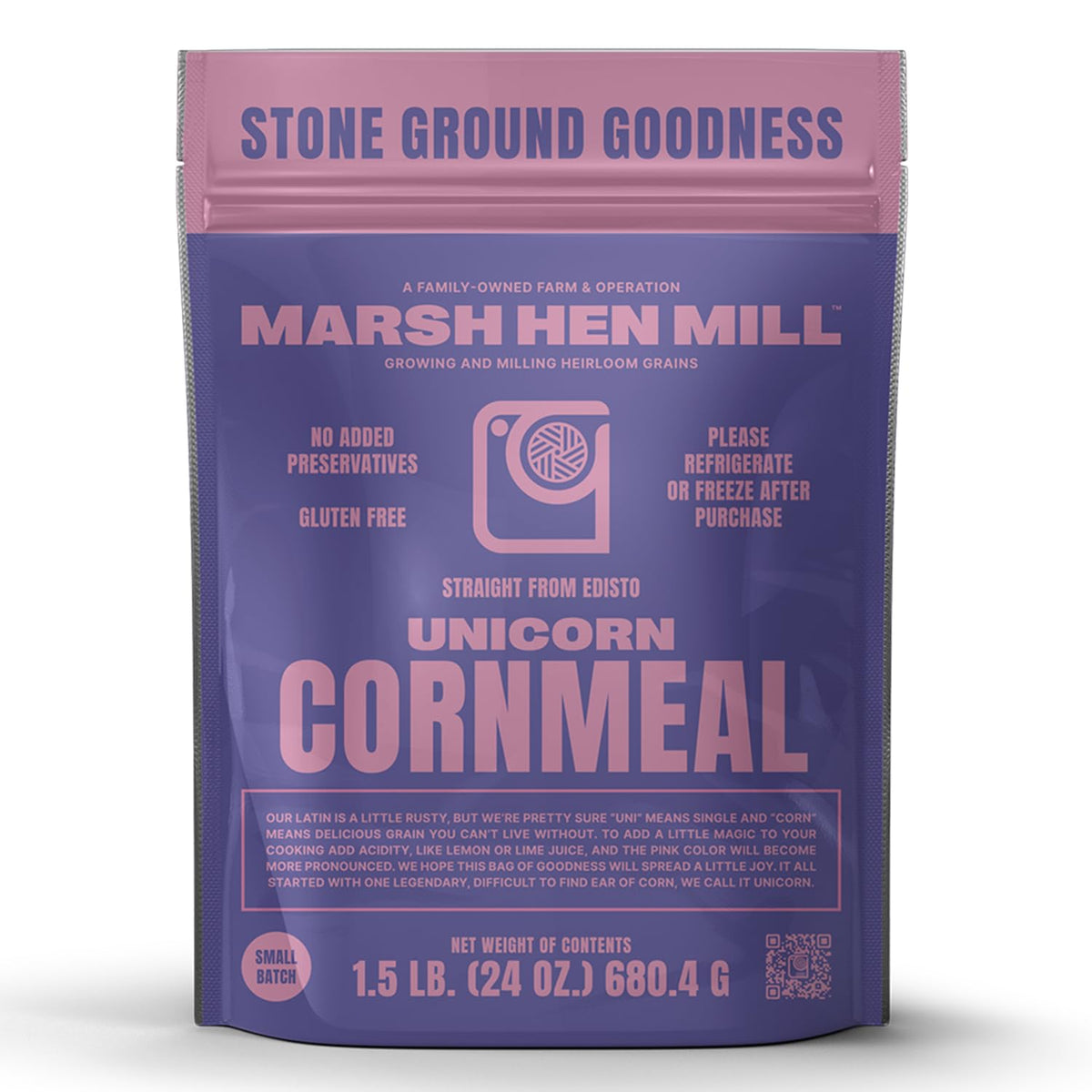 Marsh Hen Mill front packaging shows 24 oz bag and clear branding benefit authenticity