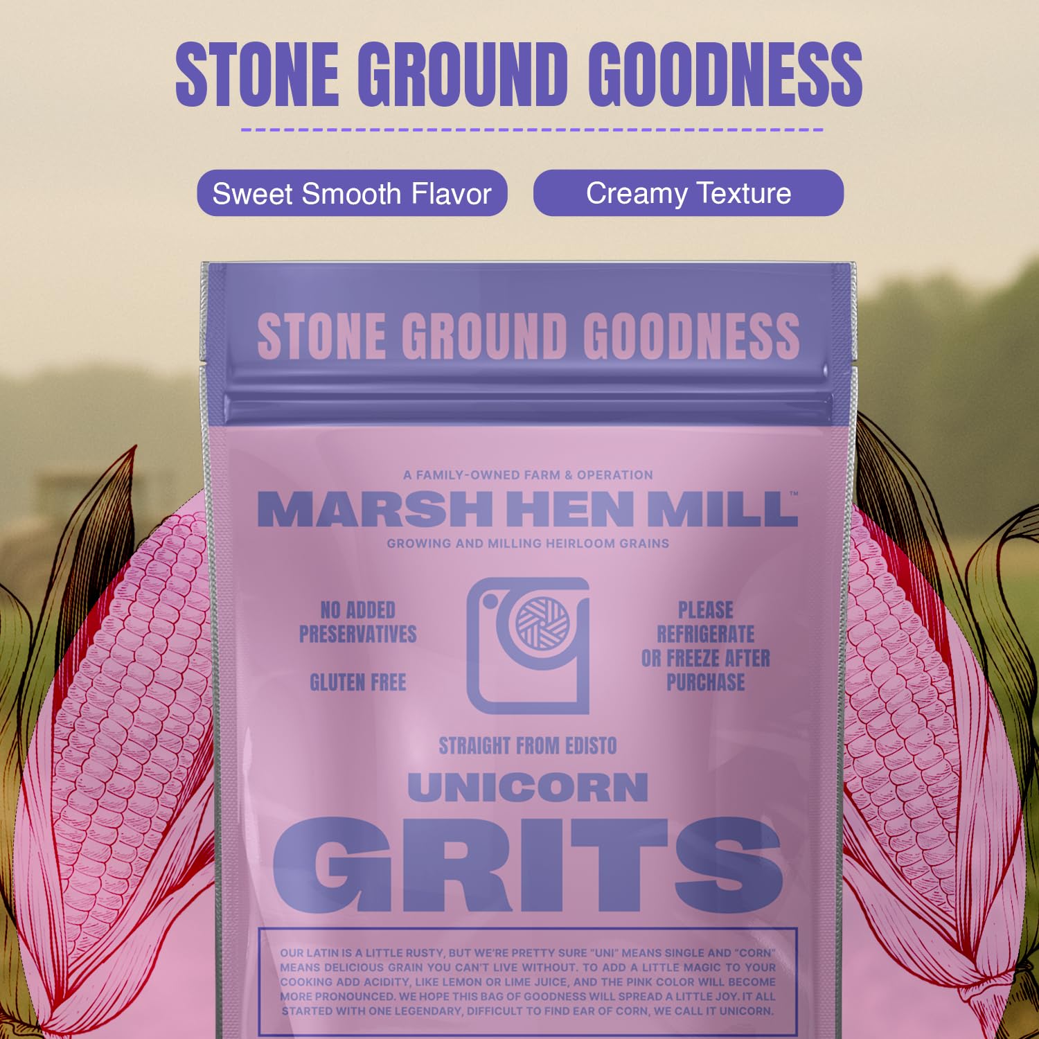 Served bowl of Marsh Hen Mill grits topped with shrimp showing savory meal use
