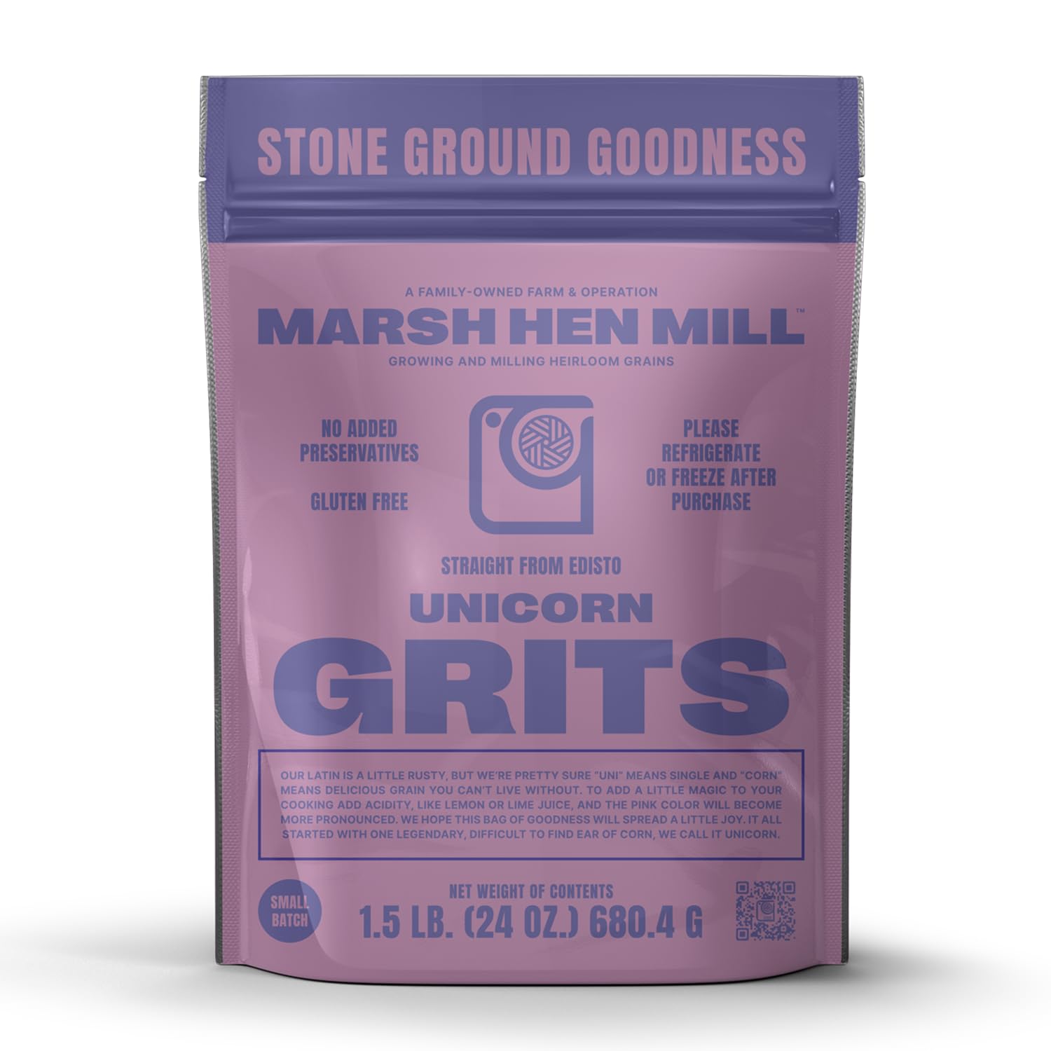 Marsh Hen Mill front packaging showing pink corn grits and 24 oz label for clarity