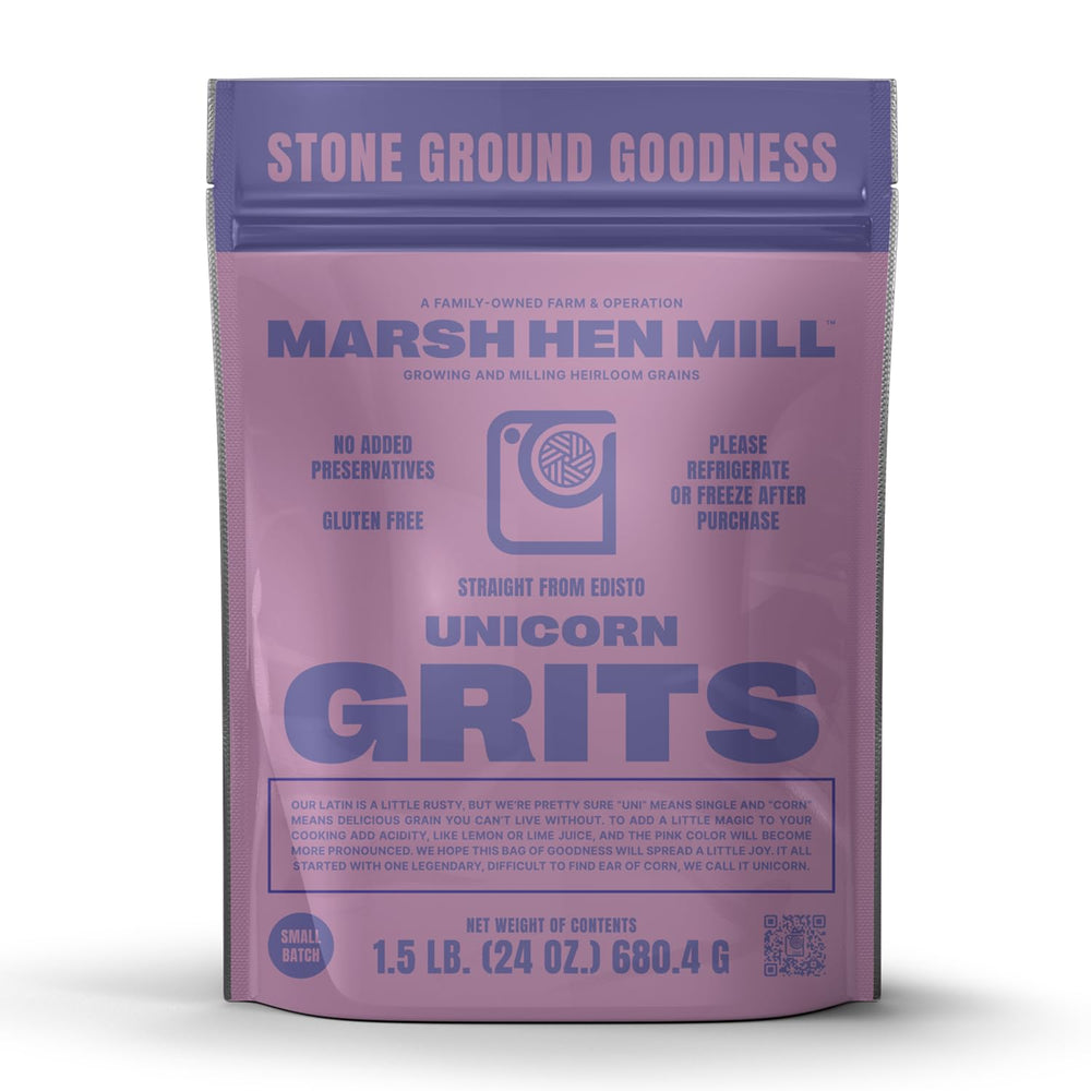 Marsh Hen Mill front packaging showing pink corn grits and 24 oz label for clarity