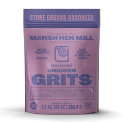 Marsh Hen Mill front packaging showing pink corn grits and 24 oz label for clarity
