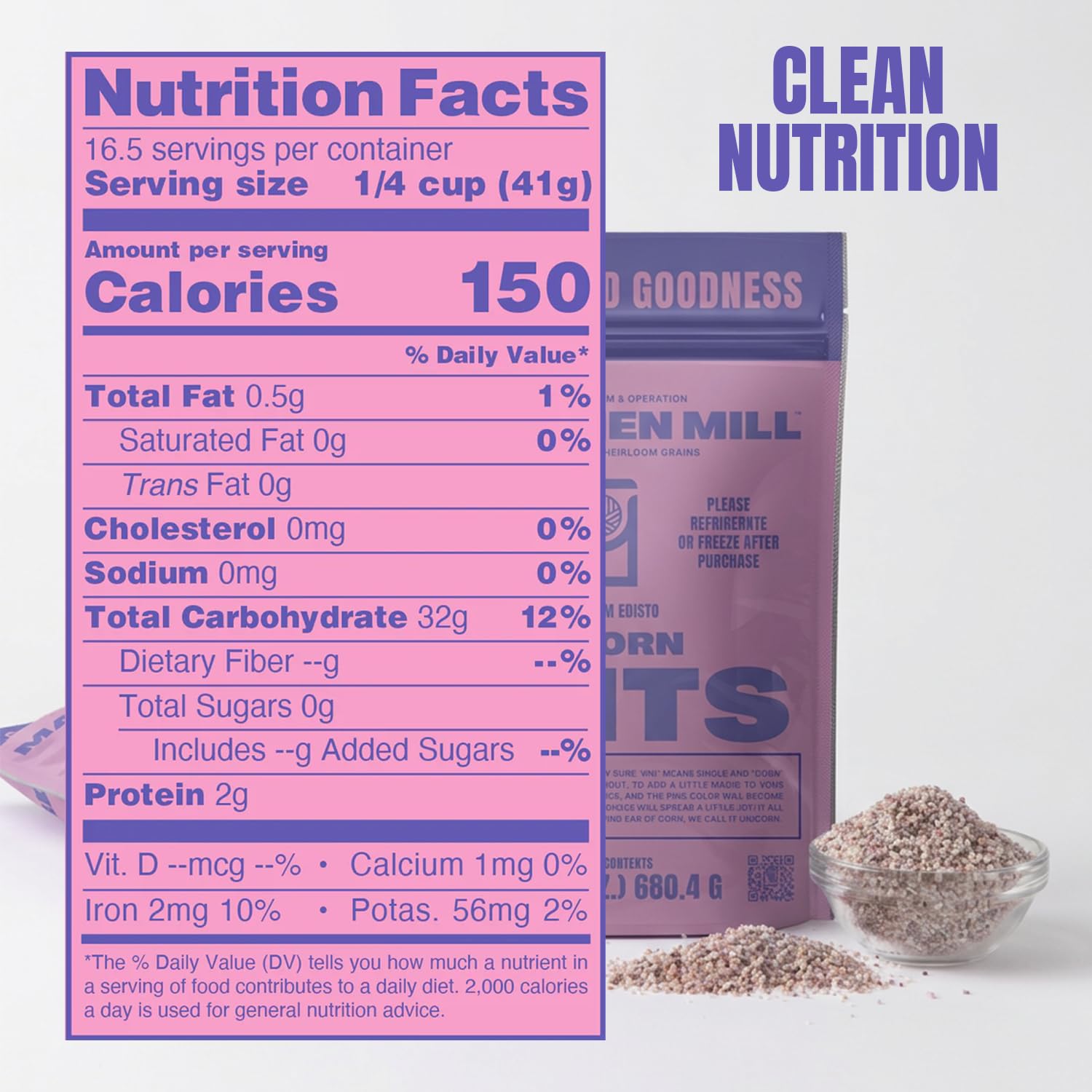 Marsh Hen Mill open bag displaying coarse stone-ground grits texture and color benefit