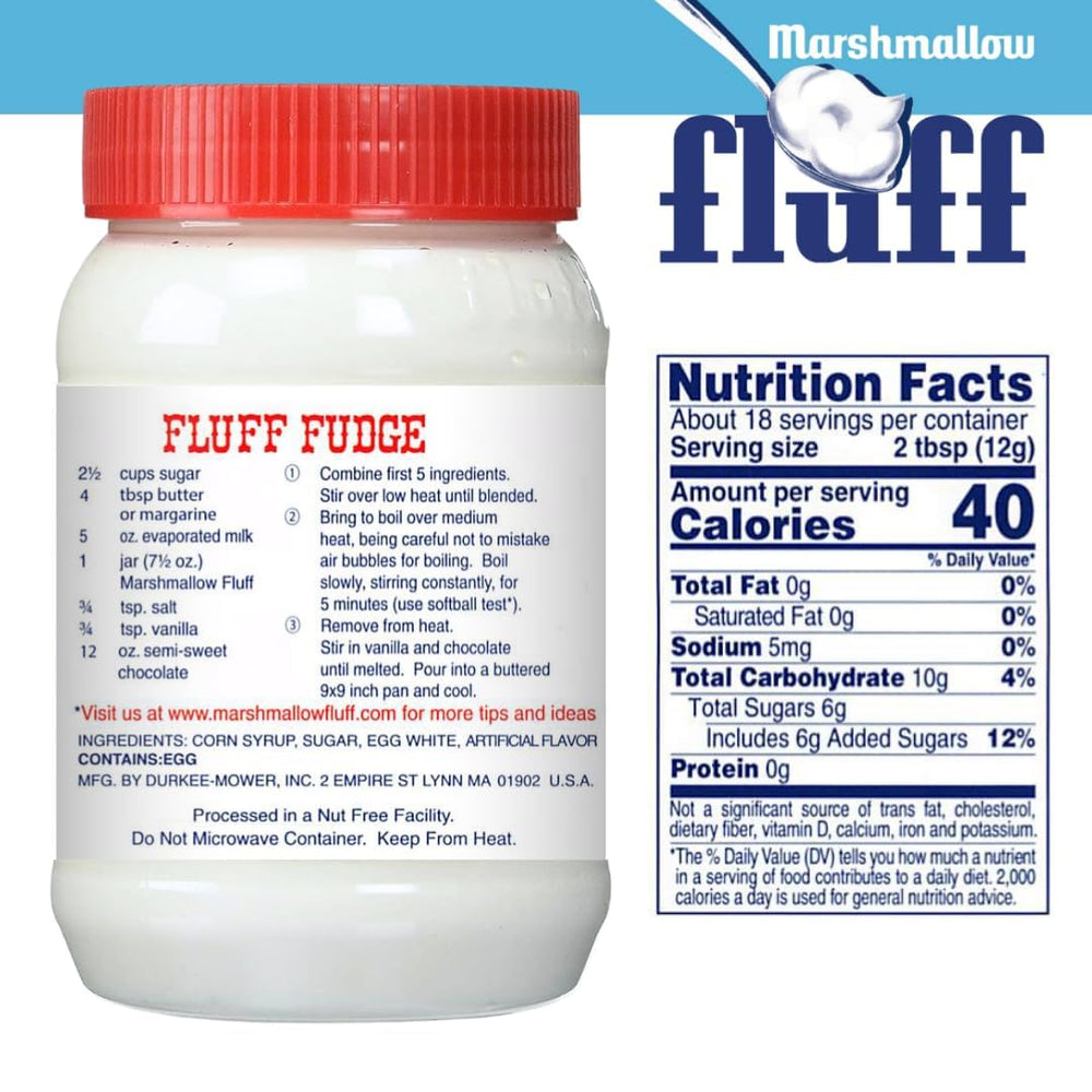 Marshmallow Fluff jar open top view showing glossy spreadability benefit