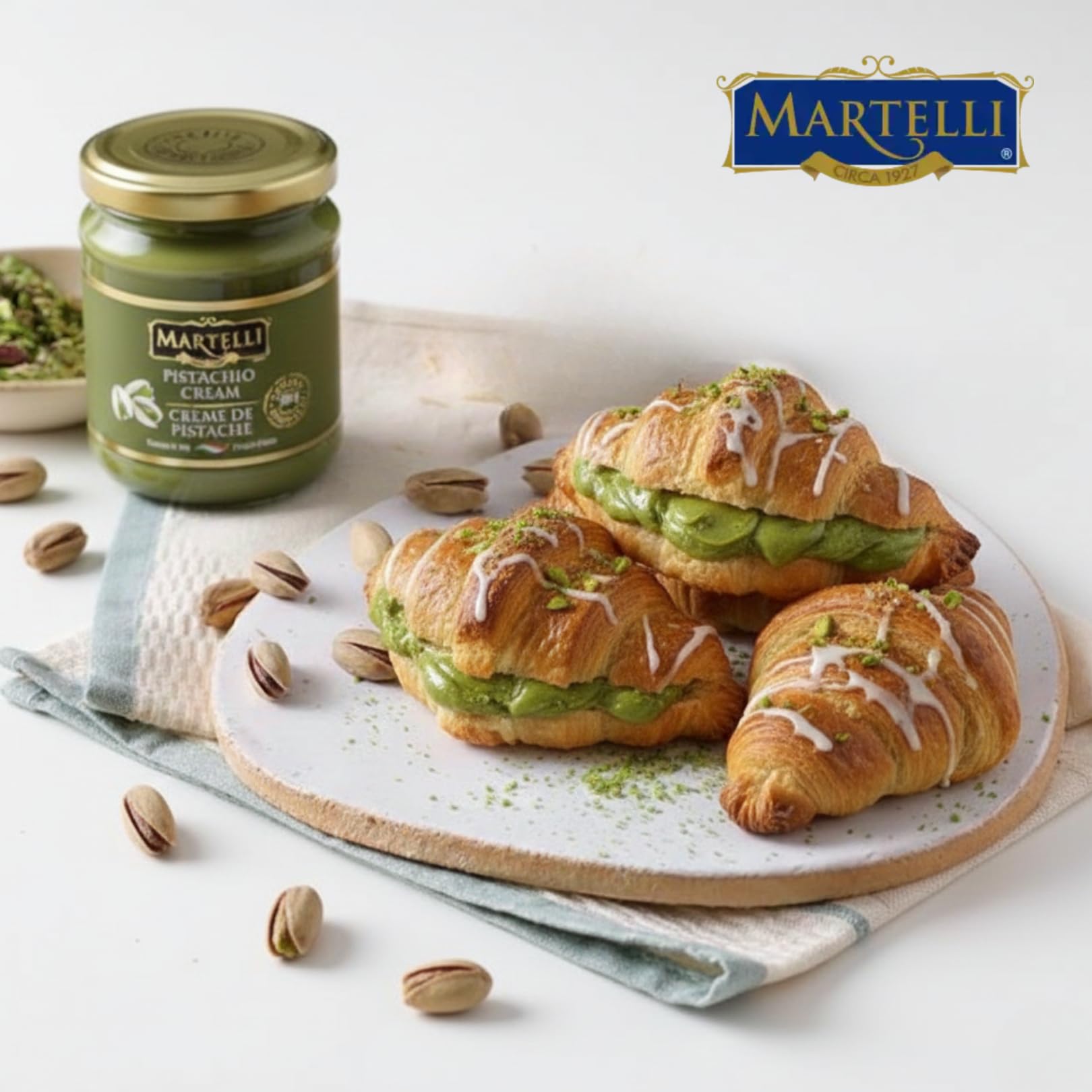 Martelli pistachio cream label detail showing 45% pistachio and Italian origin