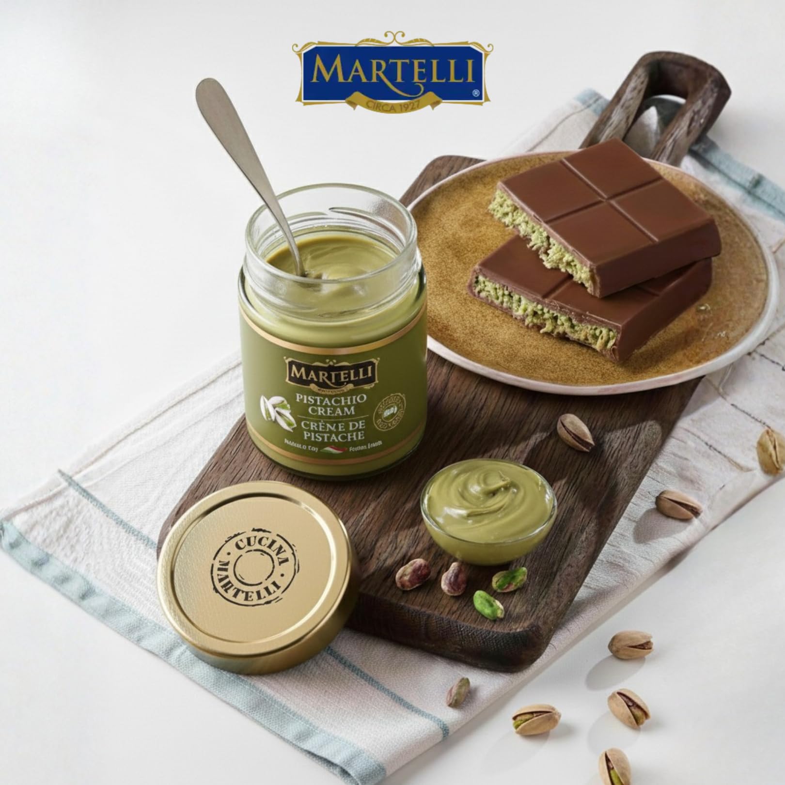 Martelli 200g jar beside hand for scale indicating compact professional size