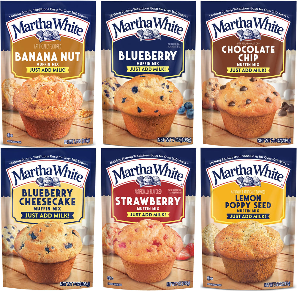 Martha White front packaging showing the six-flavor muffin sampler and variety