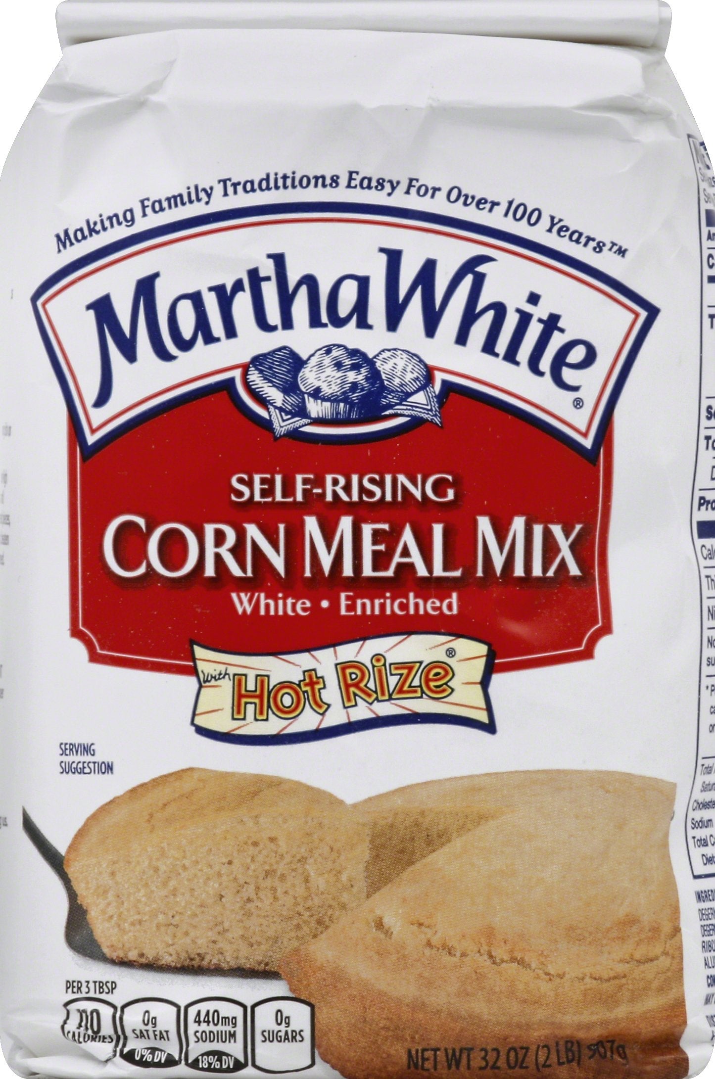 Martha White front packaging showing 32 oz bag and quick cornbread benefit