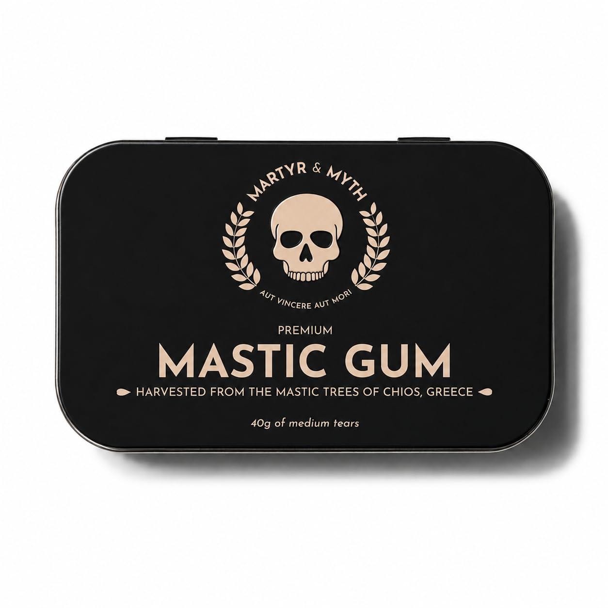 Martyr & Myth front tin showing compact travel-friendly packaging and brand