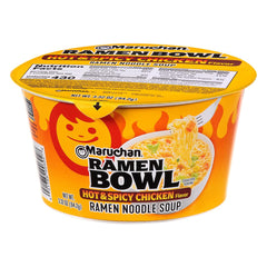 Maruchan front packaging showing spicy chicken ramen bowl and quick meal benefit