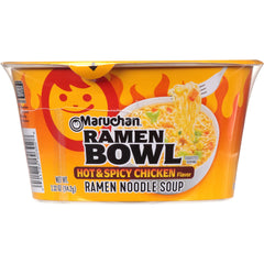 Maruchan bowl front packaging showing brand and spicy chicken flavor, convenient meal