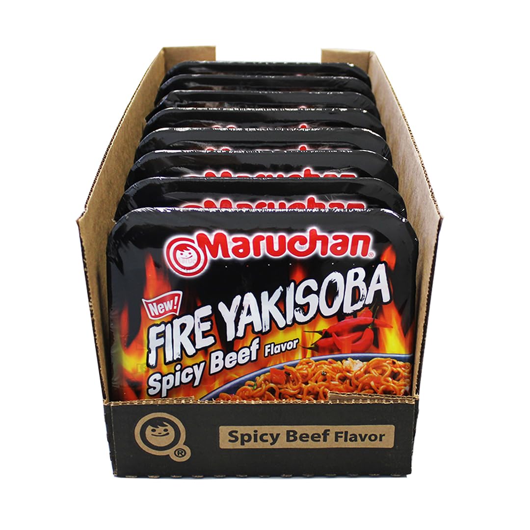 Maruchan Fire Yakisoba front packaging showing bold branding and spicy beef flavor benefits