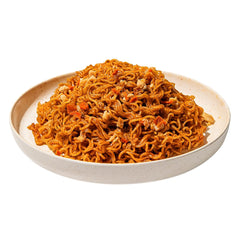 Maruchan Fire Yakisoba pack contents with seasoning and garnish showing easy microwave prep