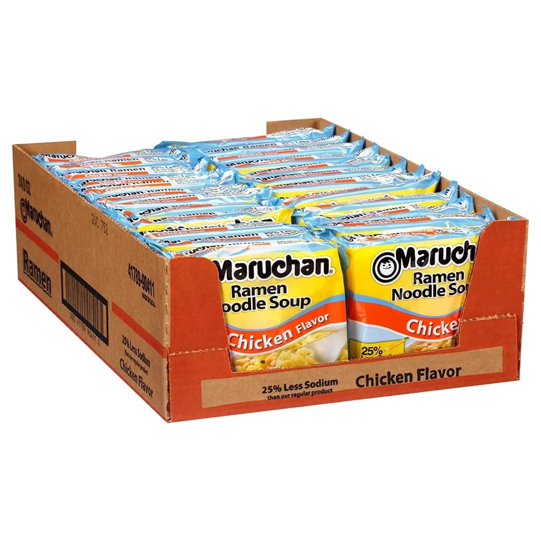 Maruchan front packaging showing less sodium chicken flavor and convenience