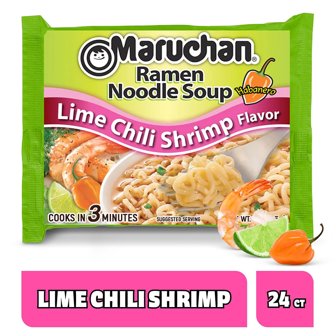 Maruchan opened cup top view revealing noodles and seasoning ready for hot water