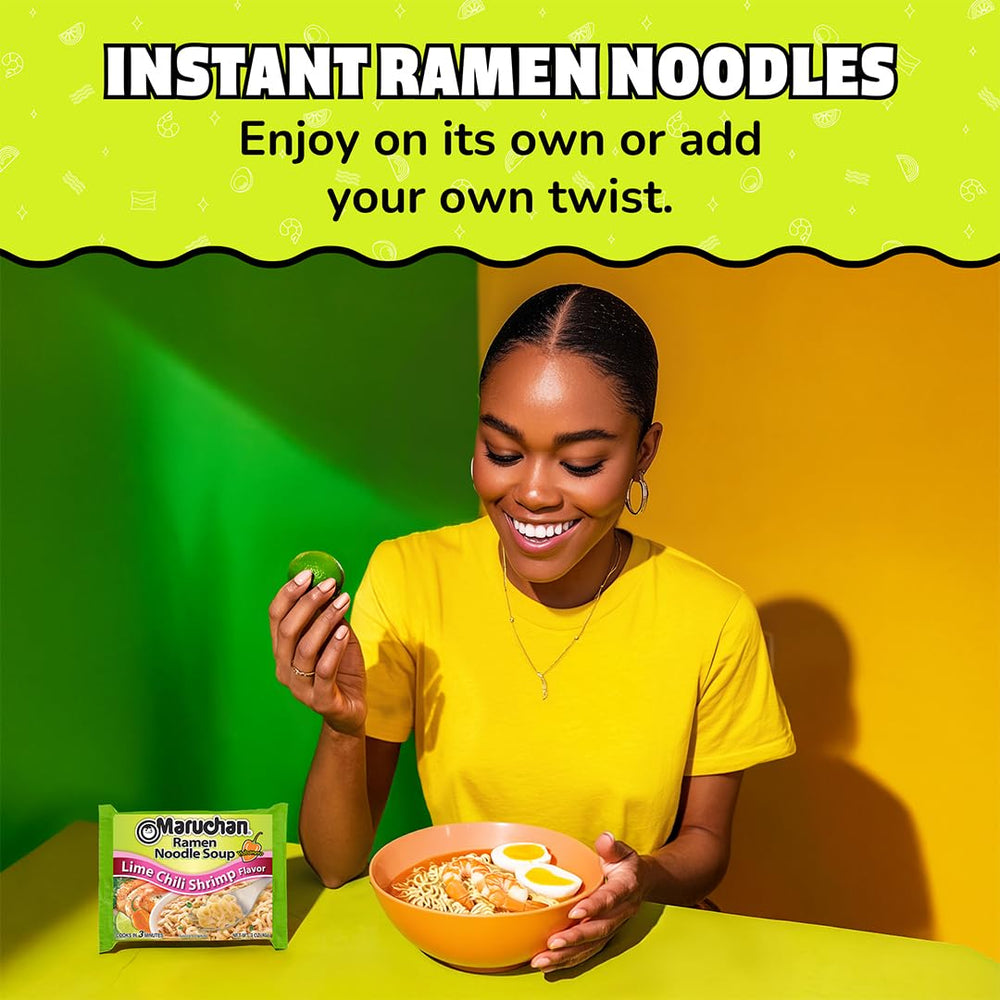 Maruchan seasoning packet beside cup illustrating contents and easy prep