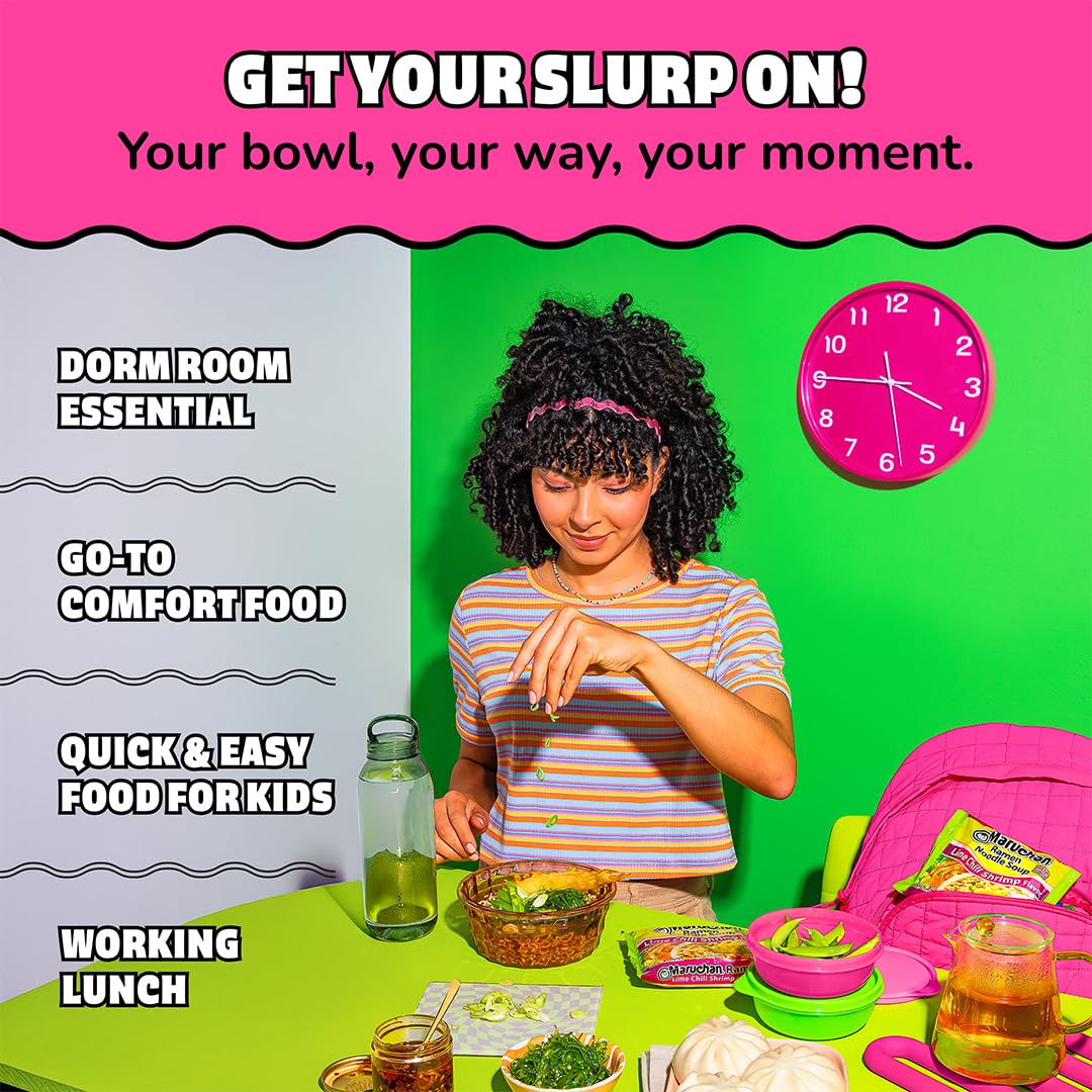 Maruchan cup held in hand demonstrating compact size and portability