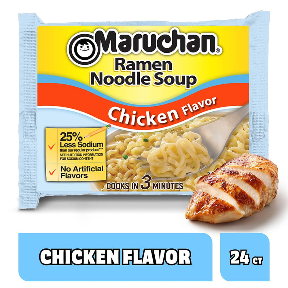 Maruchan noodle cup opened showing dry noodles and quick prep benefit