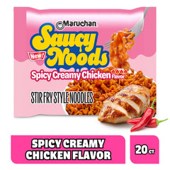Maruchan close-up of wide noodles with sauce highlighting saucy texture